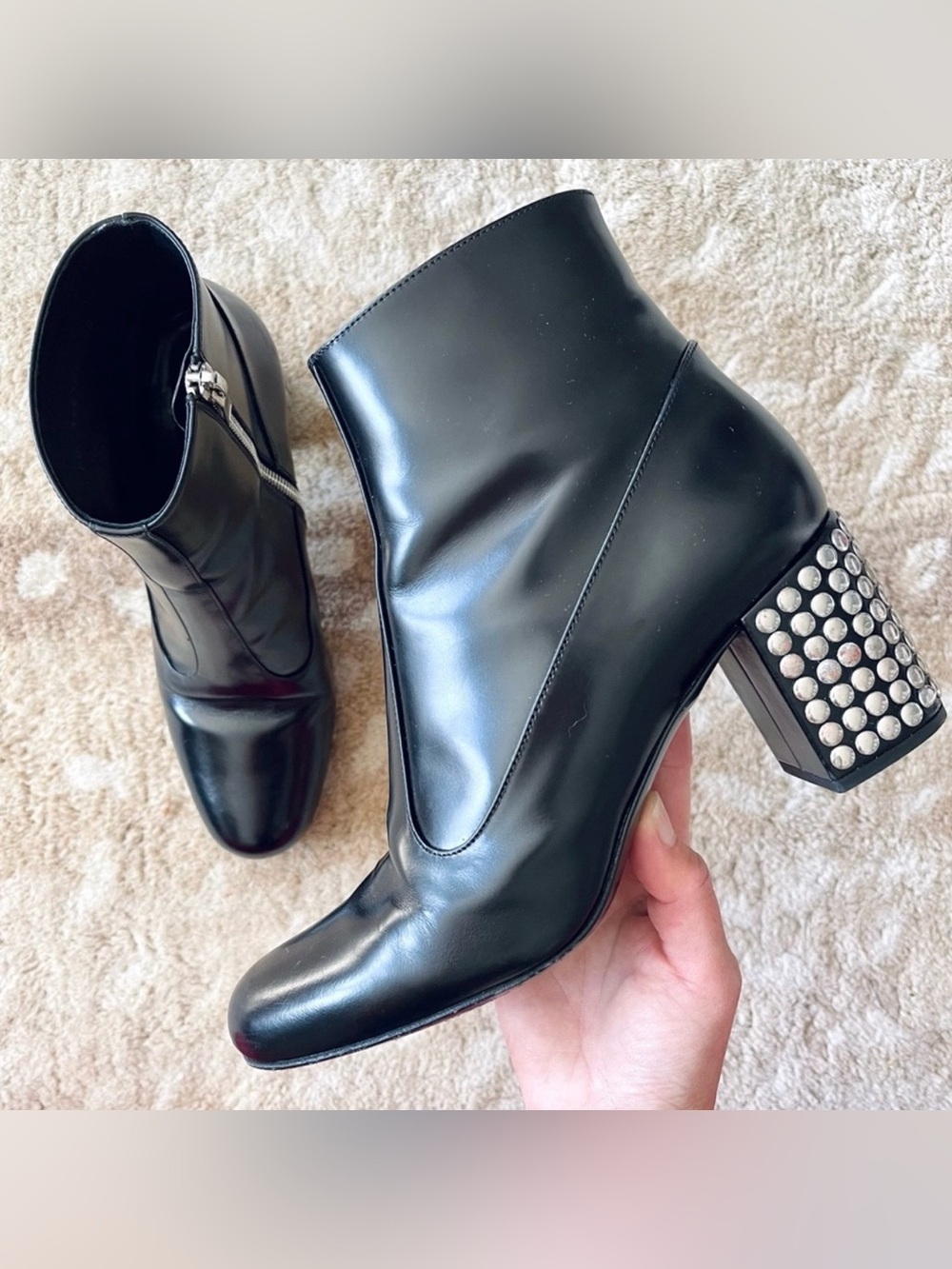 Saint Laurent Black Studded Block Heel Ankle Boots Size 38
